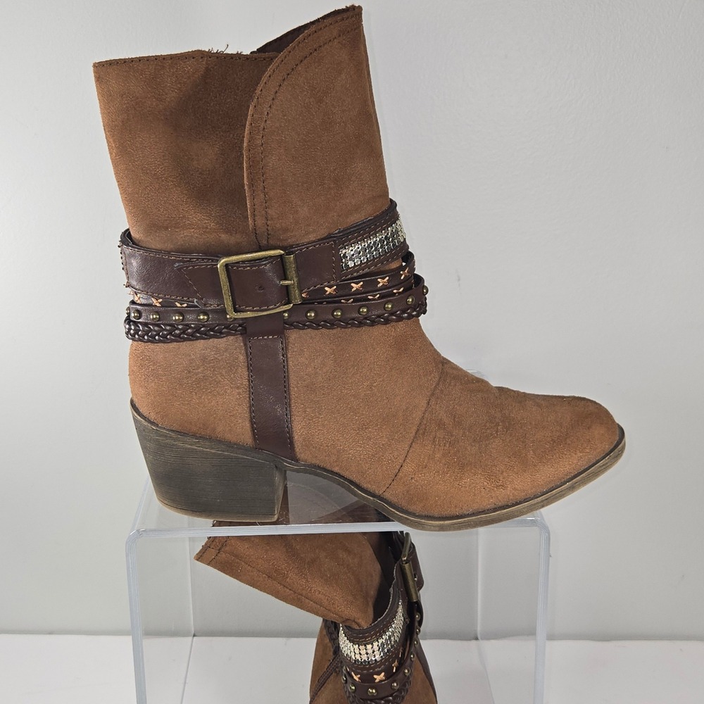 Sugar Womens Brown Faux Suede Boho Studded Buckle Ankle Boots Size 7.5